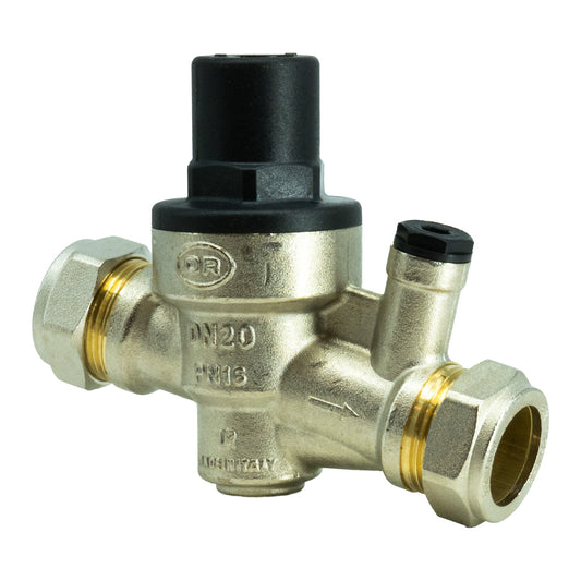 A brass 22mm Pressure Reducing Valve with a black plastic top cap and brass connector fittings, shown on a solid white background.