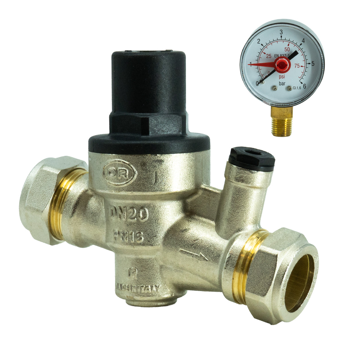 A 22mm brass pressure relief valve with a black adjustment cap and a separate round pressure gauge shown on a plain white background.