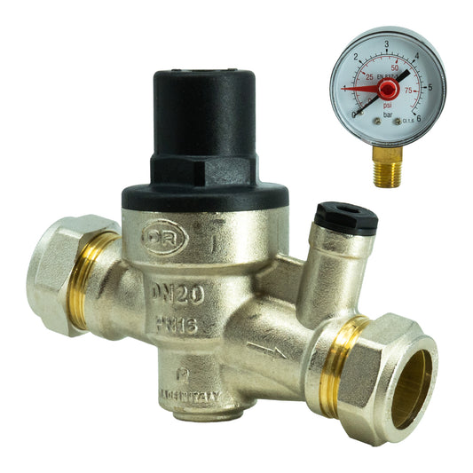 A 22mm brass pressure relief valve with a black adjustment cap and a separate round pressure gauge shown on a plain white background.