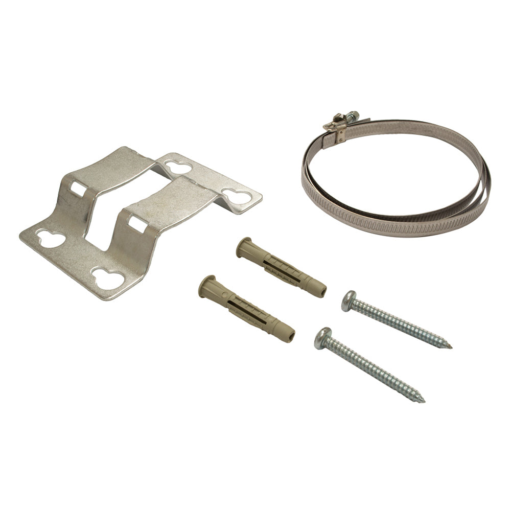 A metal mounting bracket for an expansion vessel, including a strap, wall bracket, fixing screws, and a metal clamp.