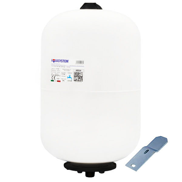 A white vertical Aquasystem expansion vessel with a brand label, connected to a black bracket.