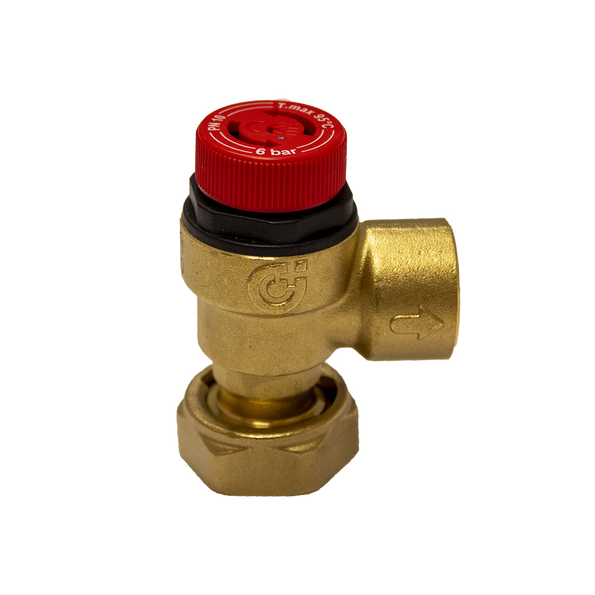 A Caleffi 6 Bar Loose Nut Pressure Relief Valve with a red cap on the top and a brass body.