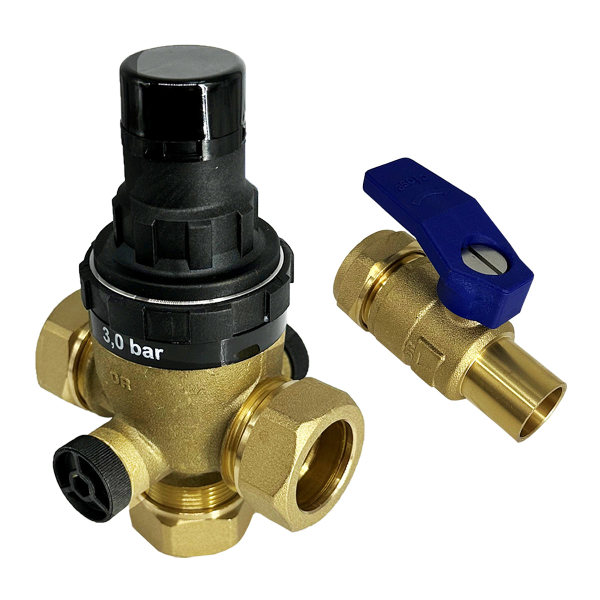 Brass plumbing valve with black and blue components on a white background