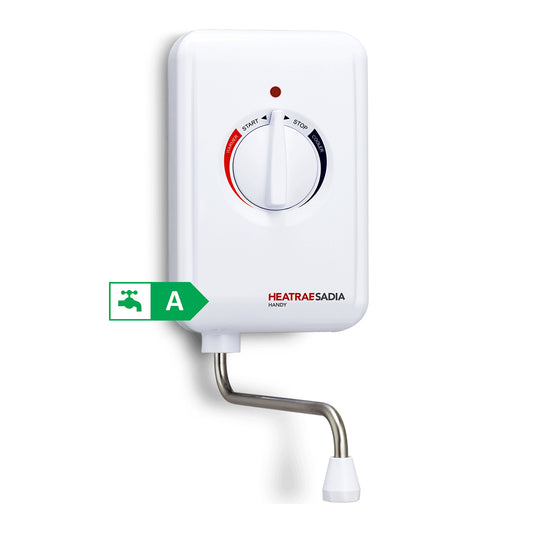 White Heatrae Sadia 3.1 kW Handy Handwash with a Single-turn rotary control dial and durable 200mm stainless steel swivel spout on white background