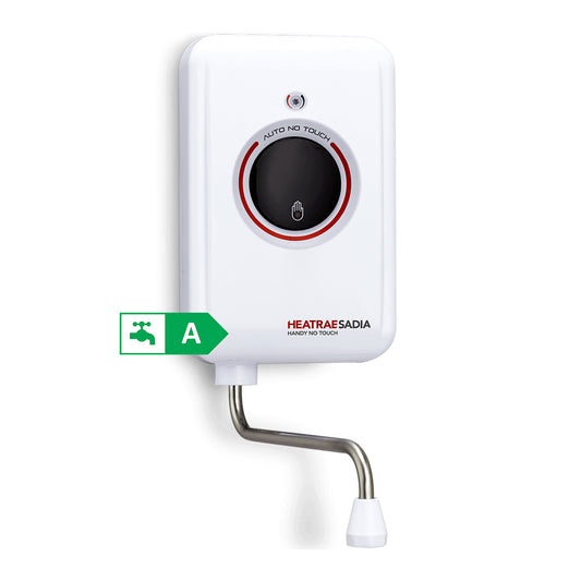 White Heatrae Sadia 3.1 kW No Touch Handy Handwash with a no touch control dial for on/off and durable 200mm stainless steel swivel spout on white background
