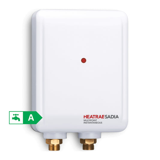 White Heatrae Sadia Instantaneous Multipoint unvented water heater on white background