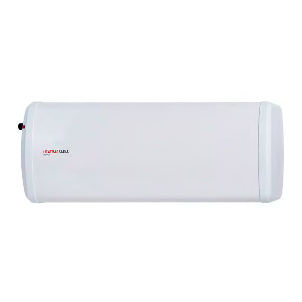 White Horizontal Heatrae Sadia Hotflo Water Heater with 80 Litre Capacity with eft hand side connection on white background