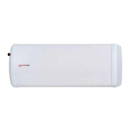 White Horizontal Heatrae Sadia Hotflo Water Heater with 80 Litre Capacity with eft hand side connection on white background