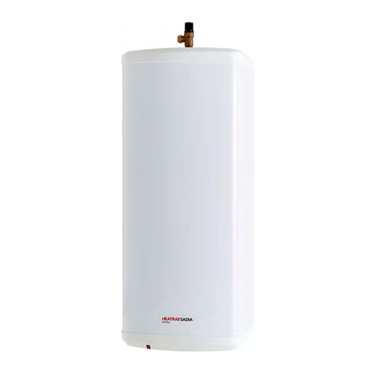 White Vertical Hotflo Heatrae Sadia with 80 litre capacity with bottom connection on white background
