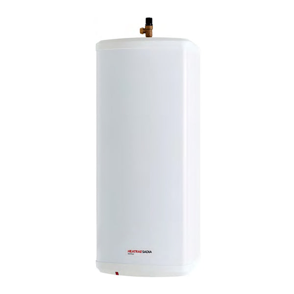 White Vertical Hotflo Heatrae Sadia Water Heater with 100 litre capacity and bottom connection on white background