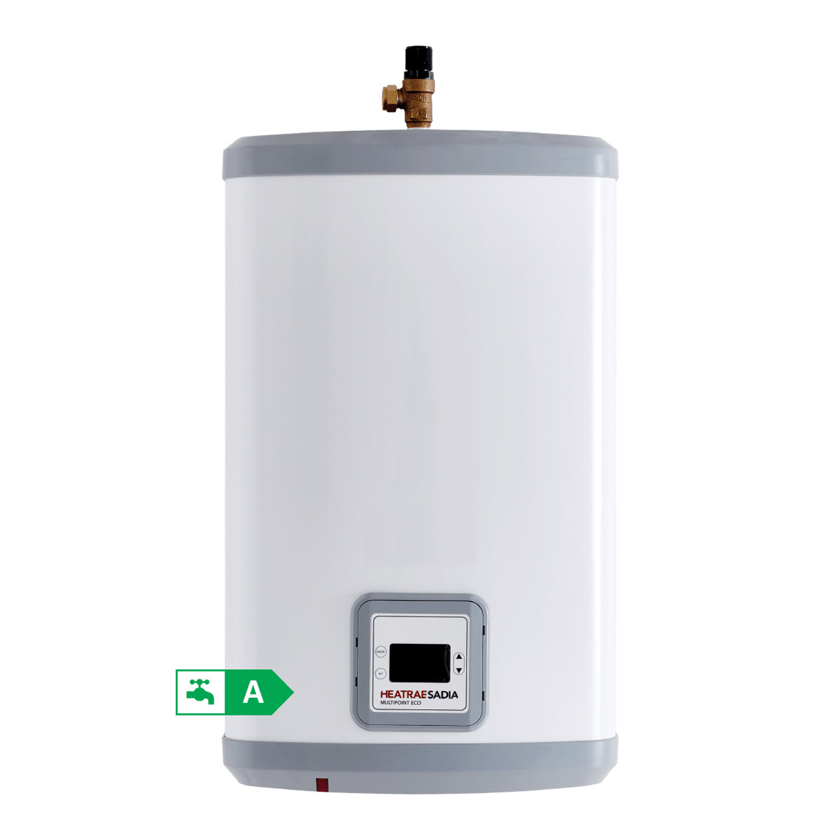 White Vertical Heatrae Sadia Multipoint Eco Unvented Water Heater with 80 litre capacity and bottom connection on white background