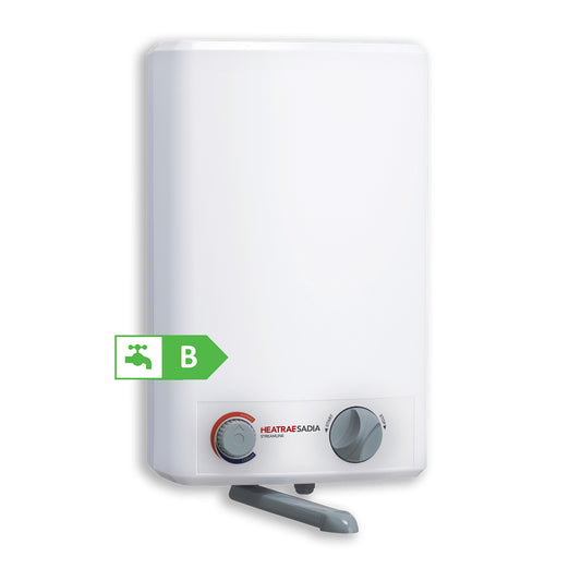 White Heatrae Sadia Streamline Oversink Vented Water Heater with 7 litre capacity and 1kW rating on white background