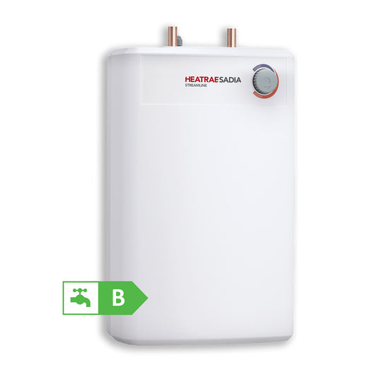 White Heatrae Sadia Streamline Undersink Vented Water Heater with 10 litre capacity and 1kW rating on white background