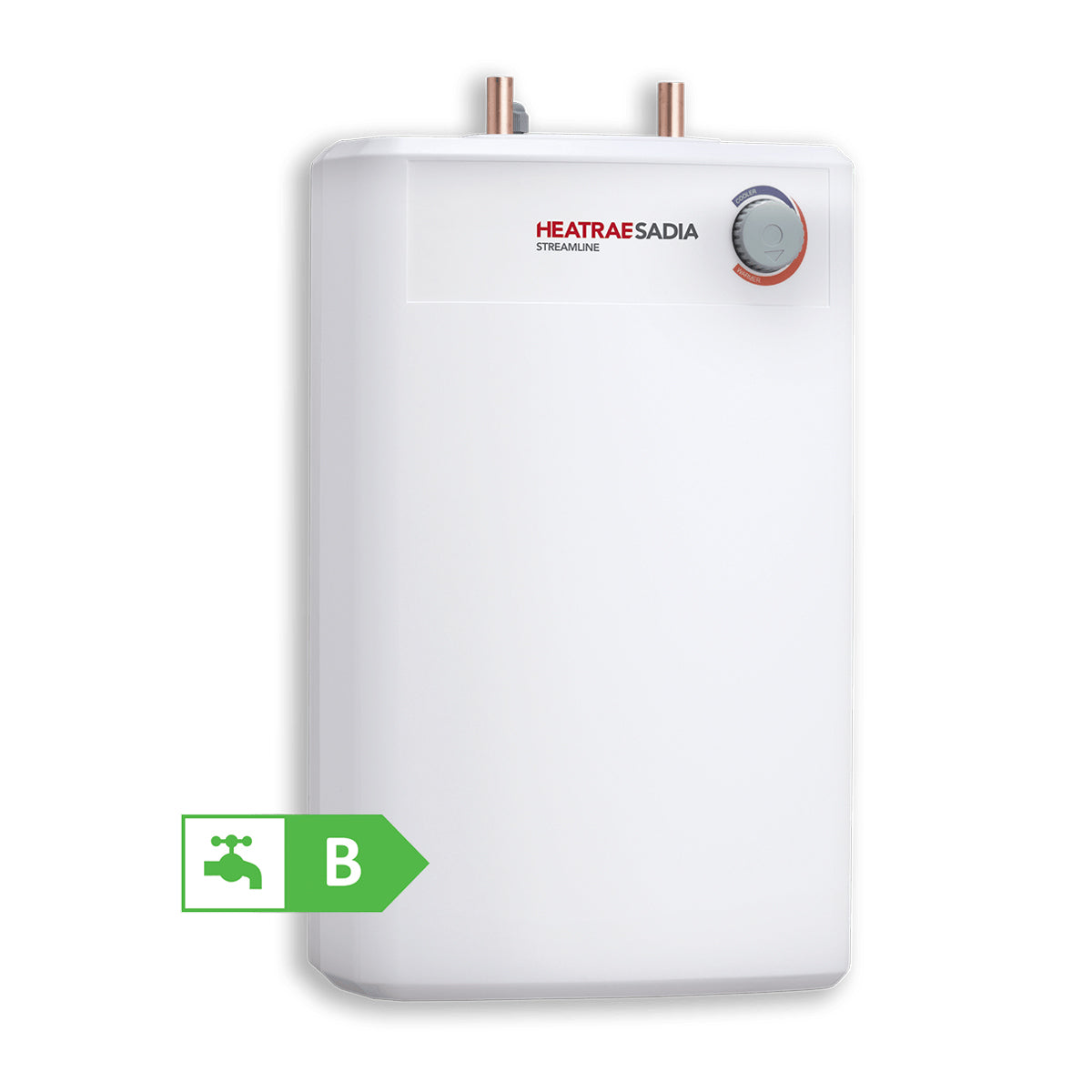 White Heatrae Sadia Streamline Undersink Vented Water Heater with 10 litre capacity and 3kW rating on white background
