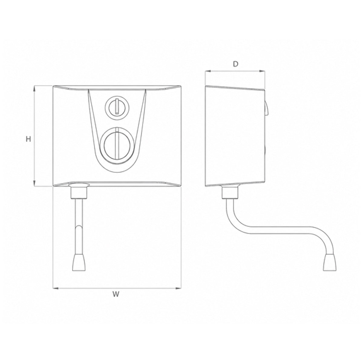 Technical outline drawing of White Wall-Mounted Hyco WAVE Instantaneous Automatic Hand Wash Washer with a curved arm, a small cap and dimensions of height, width and depth on a plain white background 