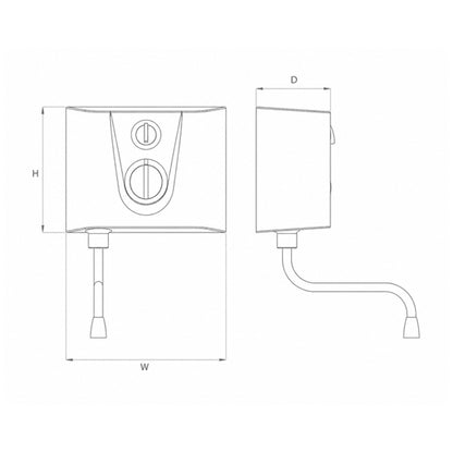 Technical outline drawing of White Wall-Mounted Hyco WAVE Instantaneous Automatic Hand Wash Washer with a curved arm, a small cap and dimensions of height, width and depth on a plain white background 