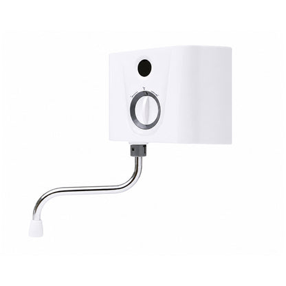 White Wall-Mounted Hyco 3kW WAVE Instantaneous Automatic Hand Wash Washer HW30A with a curved chrome arm and a small white cap on a plain white background.