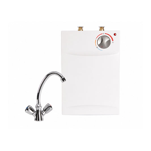 Hyco Handyflo HDFTAP1 Point of Use Tap for Handyflo Water Heaters has a curved chrome faucet with dual on-off knobs on a plain white background.