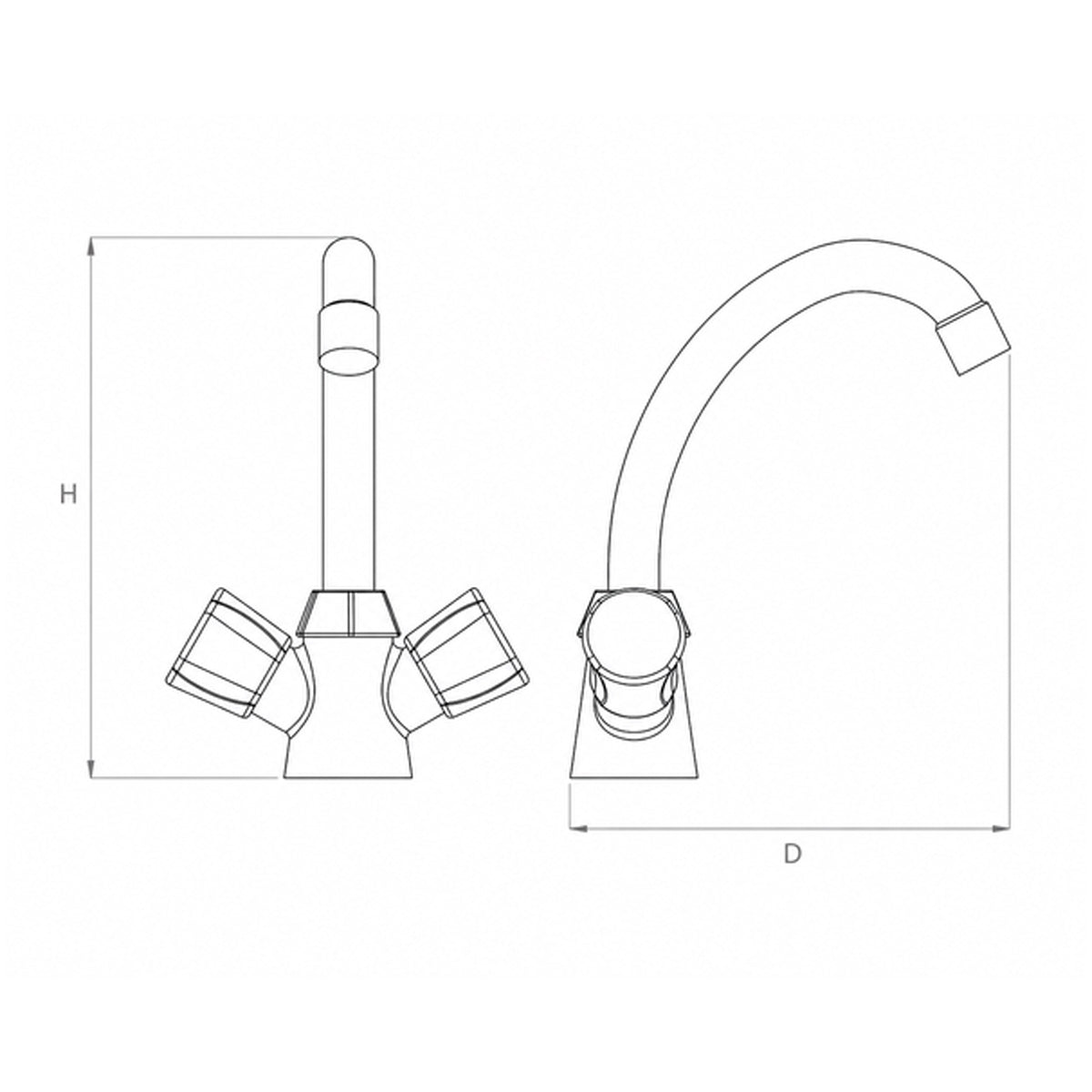 Technical line drawing of a Hyco Handyflo Point of Use Tap for Handyflo Water Heaters with two side spouts and a curved single-handle faucet shown in front and side views, labeled with dimensions H and D on a white background.