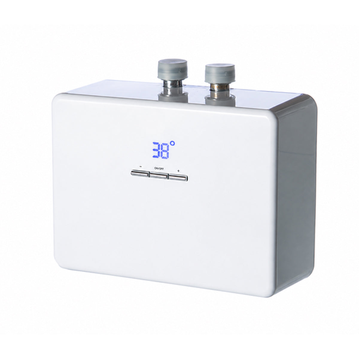 A white wall-mounted Hyco RHO IN44T 4.4kW Thermostatic Inline Instantaneous Water Heater with a digital blue LED display, inlet & outlet pipes on top, and a silver control panel, set against a plain white background