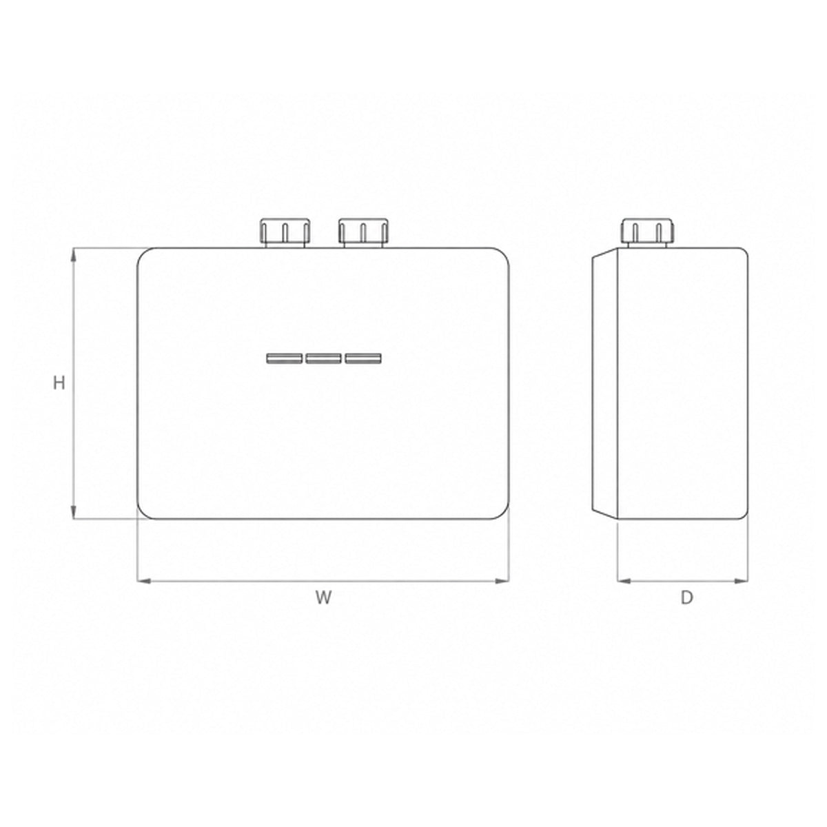 Black and white technical line drawing showing the dimensions (H, W, D) of a Hyco Thermostatic Inline Instantaneous Water Heater with two small protruding components on top.