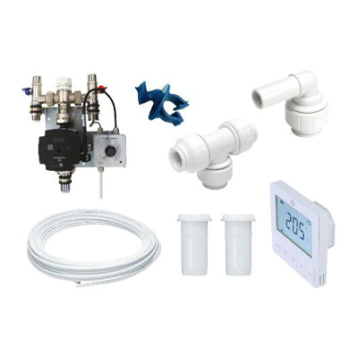 JG Speedfit UFH pack containing A-rated circulation pump, integrated control unit, thermostat, pipework and fittings on white background