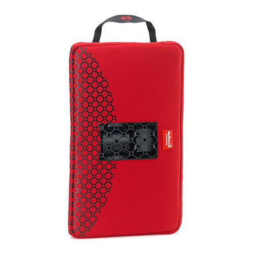 Red protective pad with honeycomb pattern and brand logo on a white background