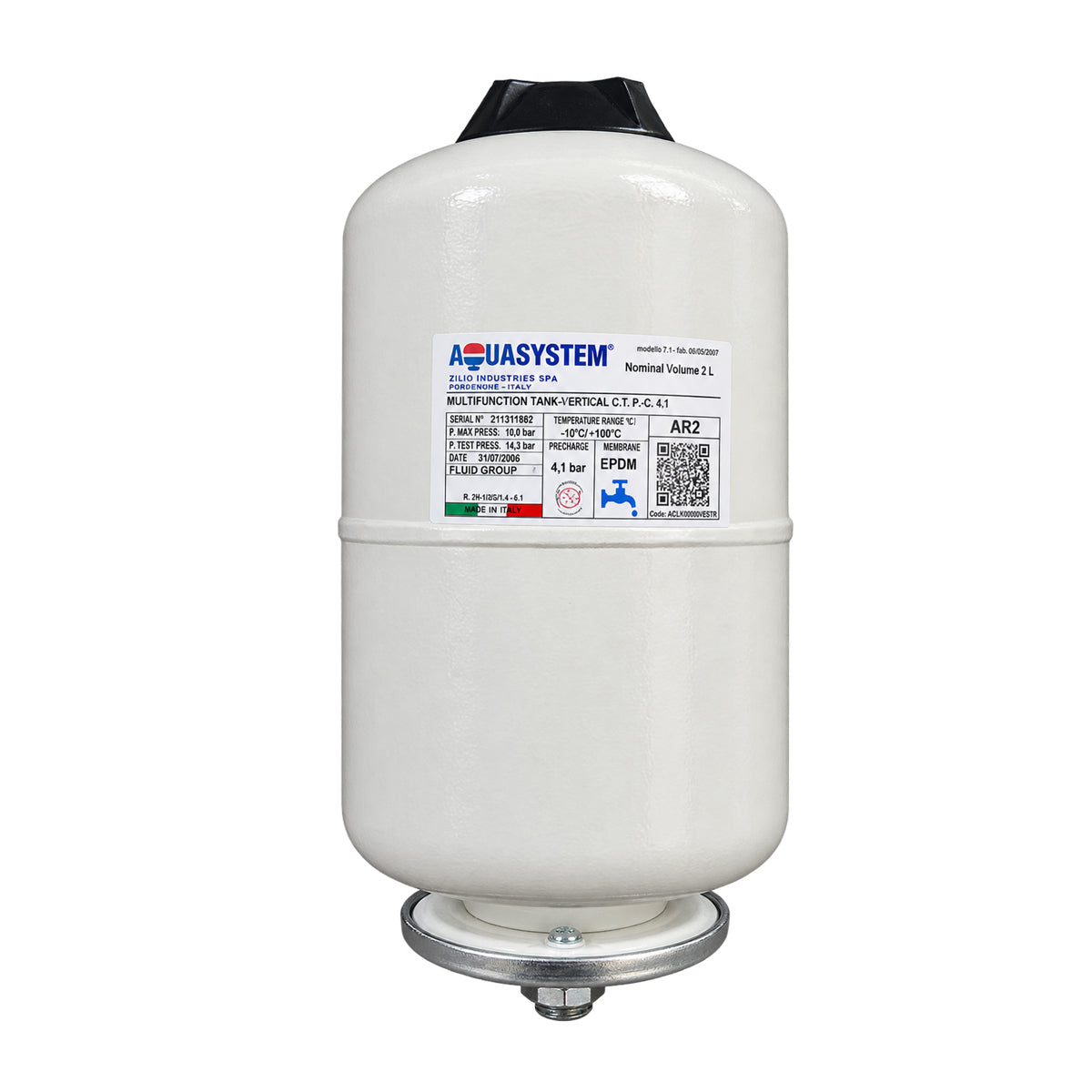 An Aquasystem 2 Litre Potable Expansion Vessel with Schrader valve at the top and connection and the bottom, shown vertically against a plain white background.