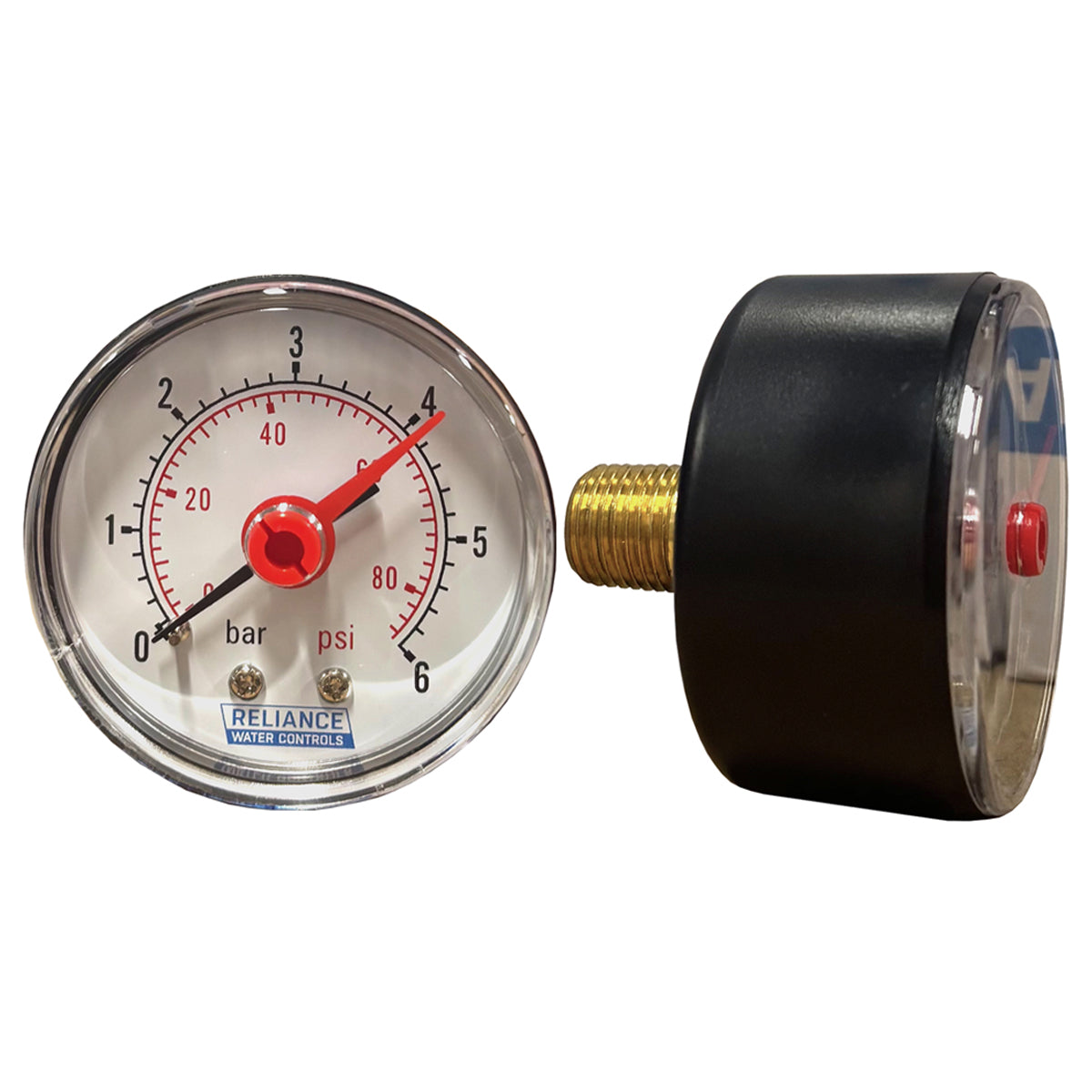 Reliance 1/4" 0-6 Bar 50mm Dial Pressure Gauge Back Inlet GAGE250001 on White Background